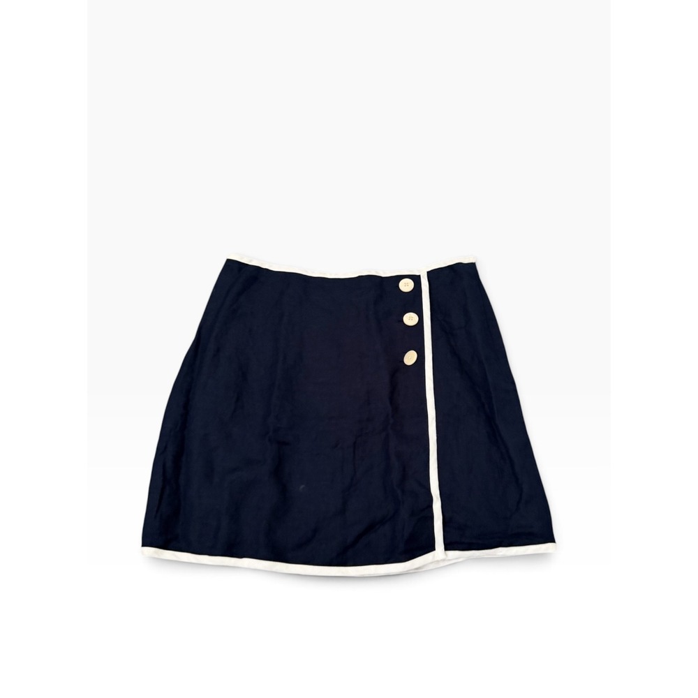 LOFT Linen Blend Faux Wrap Mini Skirt Navy Blue White Trim Size 10 Nautical